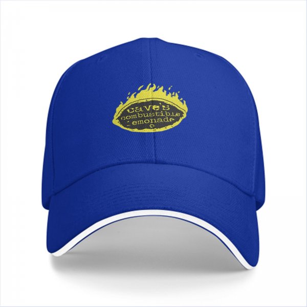 Black baseball cap with Cave's Combustible Lemonade flame logo