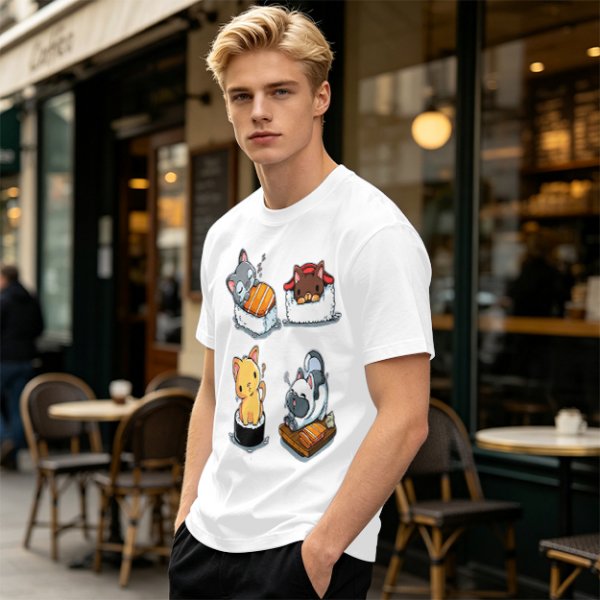 Olive T-shirt with cute cat sushi illustrations