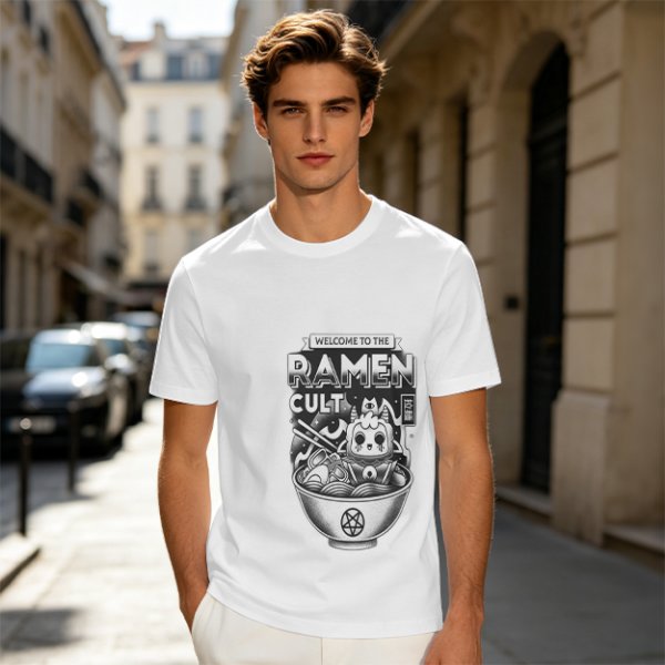Olive Graphic T-Shirt Featuring Welcome To The Ramen Cult Art