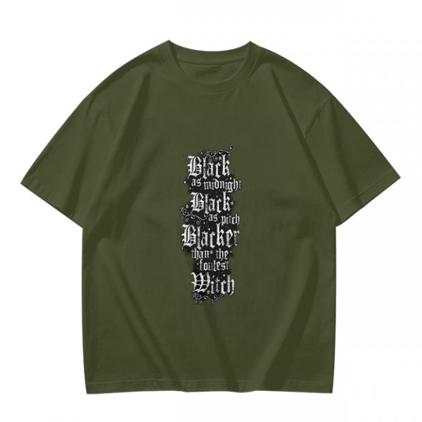 Olive Green T-Shirt with Gothic Witch Themed Text Print