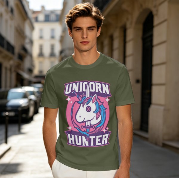 Unicorn Hunter Graphic Tee with Sword and Sparkle Design