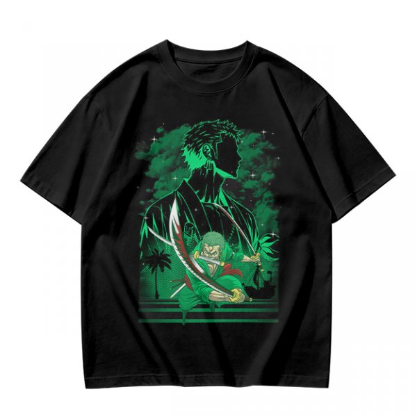 Olive Green Anime T-Shirt With Swordsman Character Artwork
