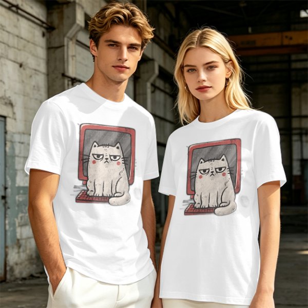Olive T-shirt with Grumpy Cat on Retro Computer Print