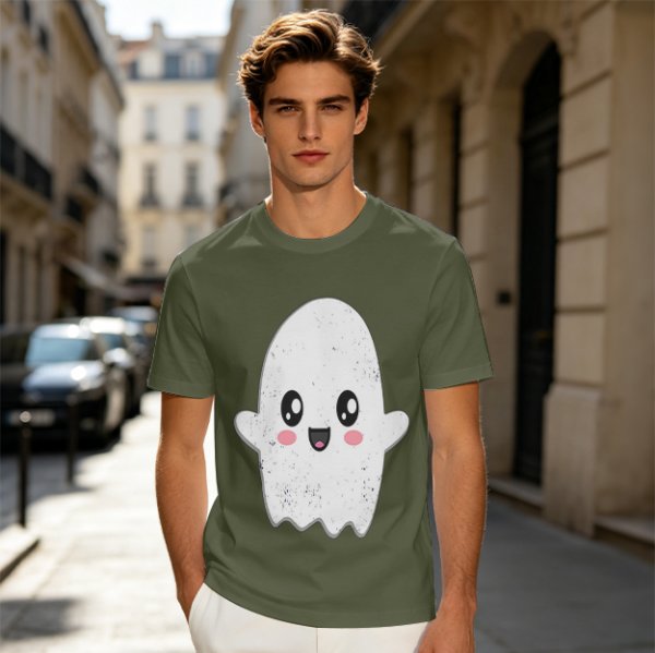 Olive T-shirt with Cute Kawaii Ghost Graphic Print