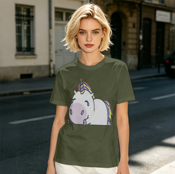 Olive Green T-Shirt With Crying Chubby Unicorn Rainbow Print