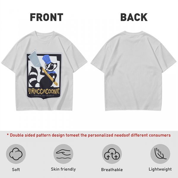Olive green t-shirt with raccoon chef graphic and text