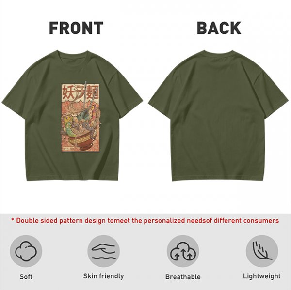 Olive T-shirt with Vintage Yokai Ramen Bowl Graphic Print