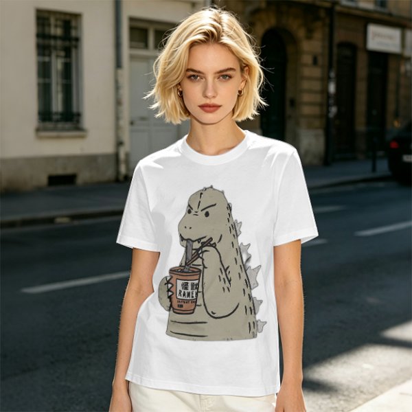 Olive T-Shirt Featuring Godzilla Eating Ramen