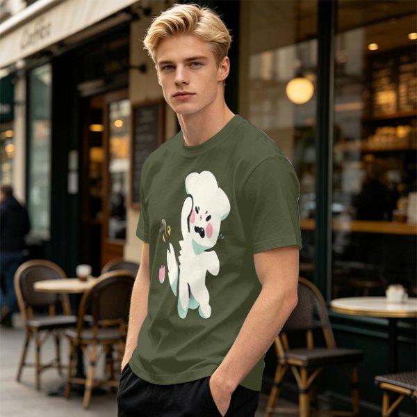 Olive T-Shirt With Angry Fluffy White Creature Swatting At Bee Print
