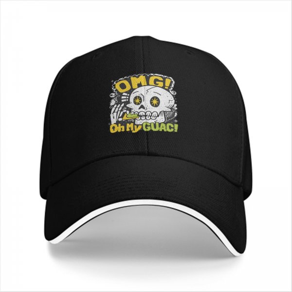 Black baseball cap with OMG Oh My Guac! sugar skull graphic