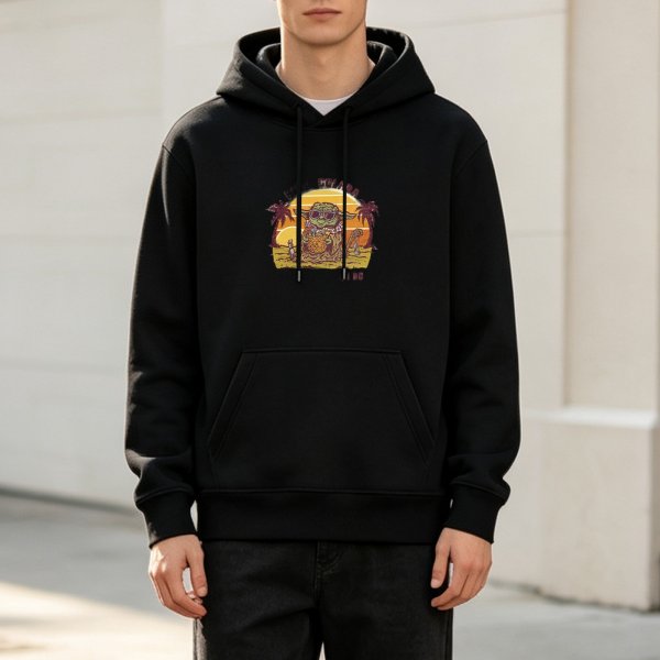 Black Hoodie with Grogu Tropical Sunset Beach Graphic