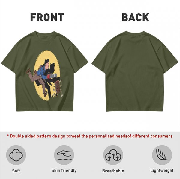 Olive T-shirt with Cartoon Chainsaw Action Character Print