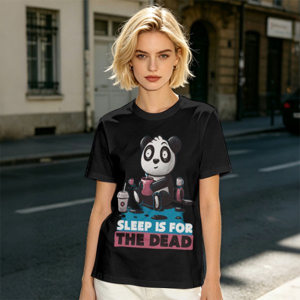 Olive t-shirt with panda drinking coffee and 'Sleep is for the dead' text