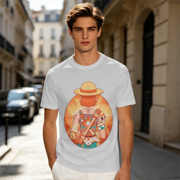 Olive T-Shirt Featuring Anime Character With Straw Hat Back View