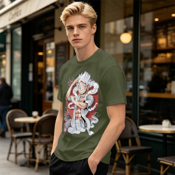 One Piece Gear 5 Luffy Graphic Print Olive T-Shirt