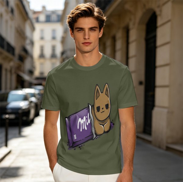 Olive T-shirt with a cartoon cat emerging from a purple chocolate wrapper print