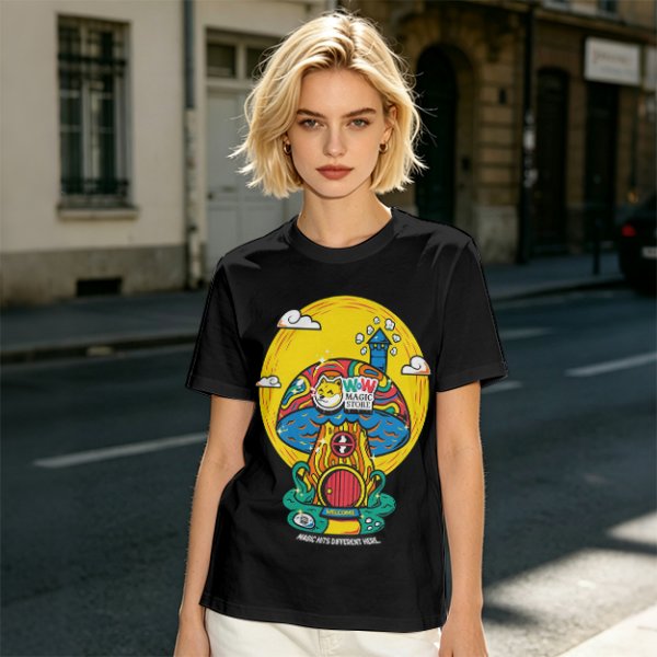 Olive T-Shirt with Trippy Mushroom House Graphic Design