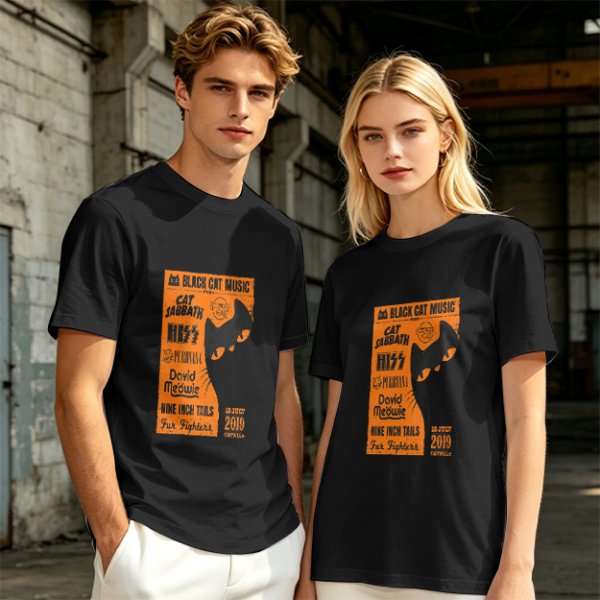 Olive T-Shirt with Cat-Themed Rock Band Concert Poster Print