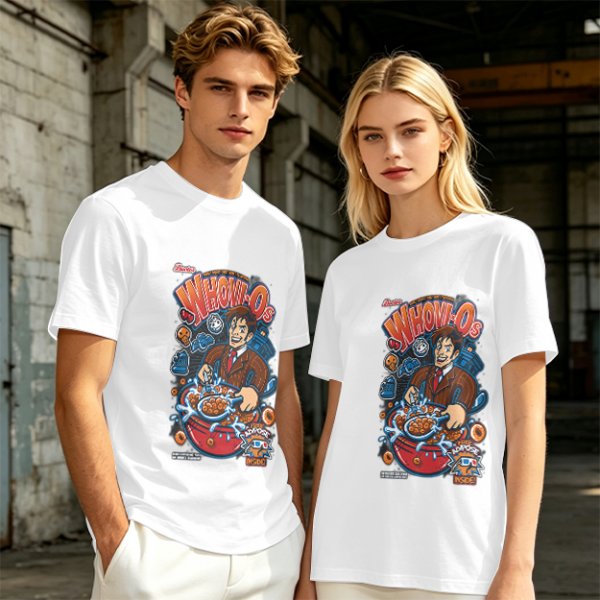 Olive green t-shirt with Doctor Who themed Whovio's cereal graphic