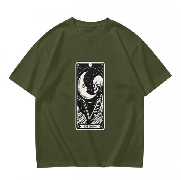 Olive t-shirt with The Moon tarot card skeleton and crescent moon print