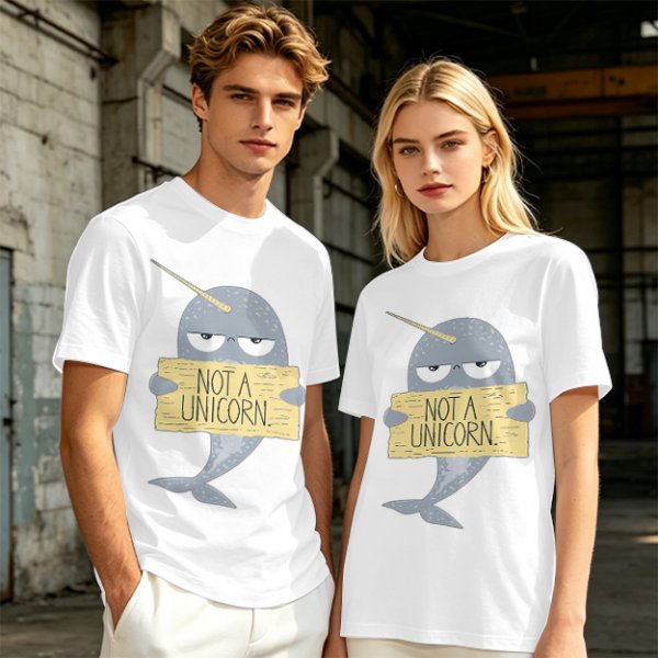 Olive T-Shirt With Grumpy Narwhal Holding Not A Unicorn Sign
