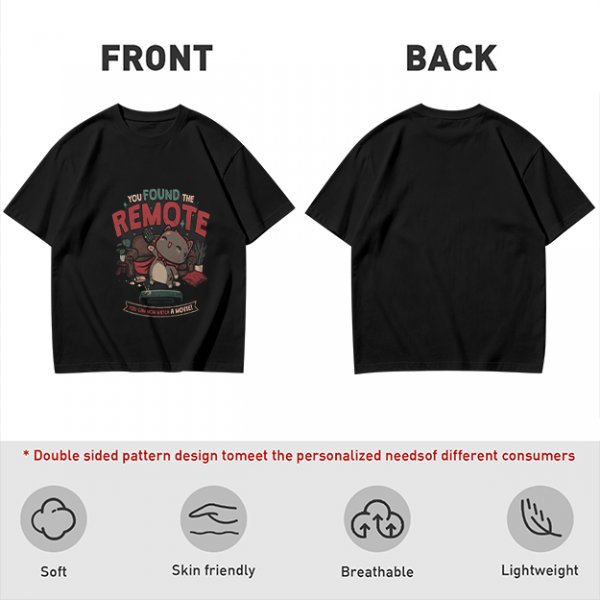 Olive t-shirt with cat graphic and 'You Found The Remote' movie text