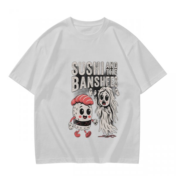 Olive t-shirt with sushi and banshee graphic print