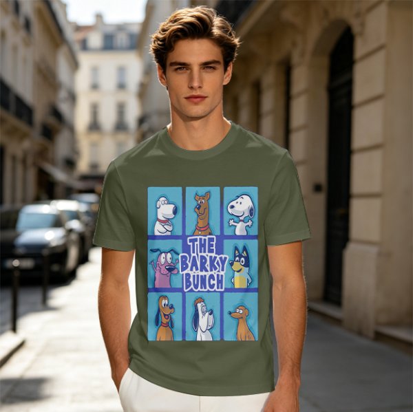 Olive green t-shirt with The Barky Bunch cartoon dog graphic