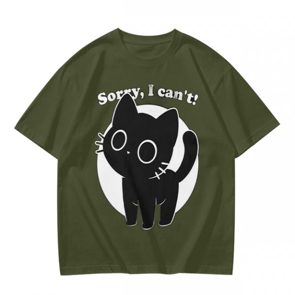 Olive T-Shirt With Sorry I Can't Black Cat Graphic Print