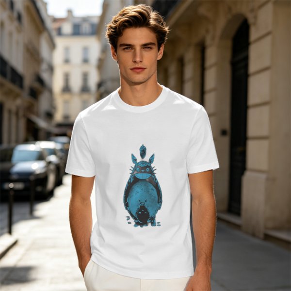 Olive Green T-Shirt With Blue Totoro Inspired Graphic Print