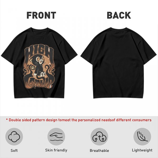 Olive green graphic t-shirt with a high on catip black cat print