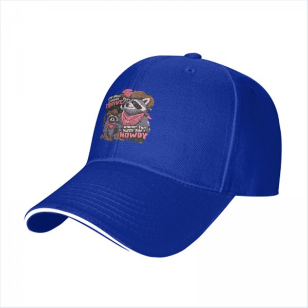 Black baseball cap with cowboy raccoon graphic and 'where the vibes ain't howdy' text