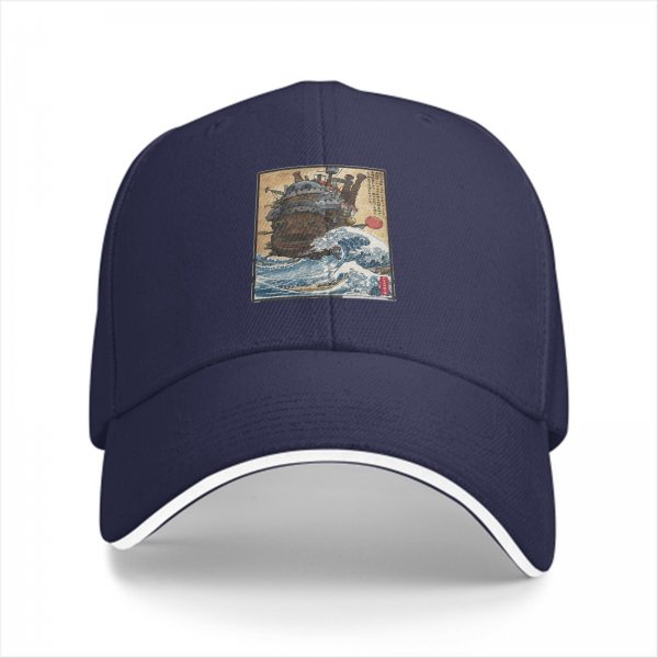Black Baseball Cap with Japanese Wave and Ship Art Print