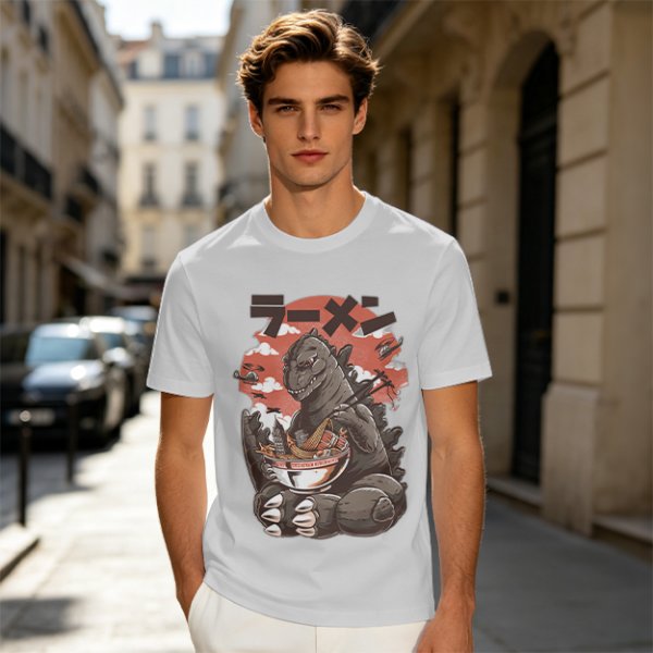 Olive T-shirt with Godzilla eating ramen graphic