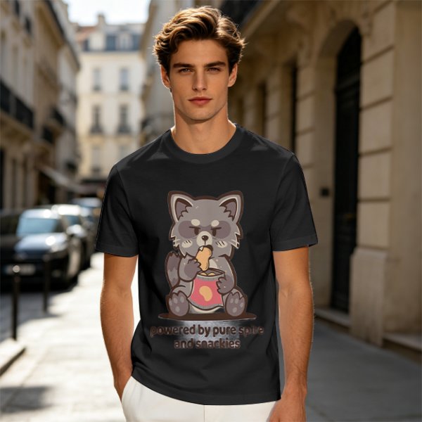 Olive t-shirt with a raccoon eating snacks and 'powered by pure spite and snackies' text