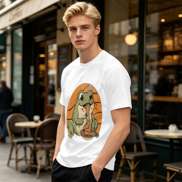 Olive Green T-Shirt Featuring a Frog Eating Spaghetti Graphic