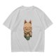 Olive green t-shirt with cute cat holding a mug print