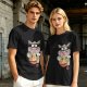 Olive green t-shirt with a ninja cat eating ramen graphic