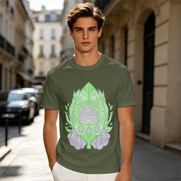 Olive Green T-Shirt With Leaf Shaped Tamagotchi Totoro Print