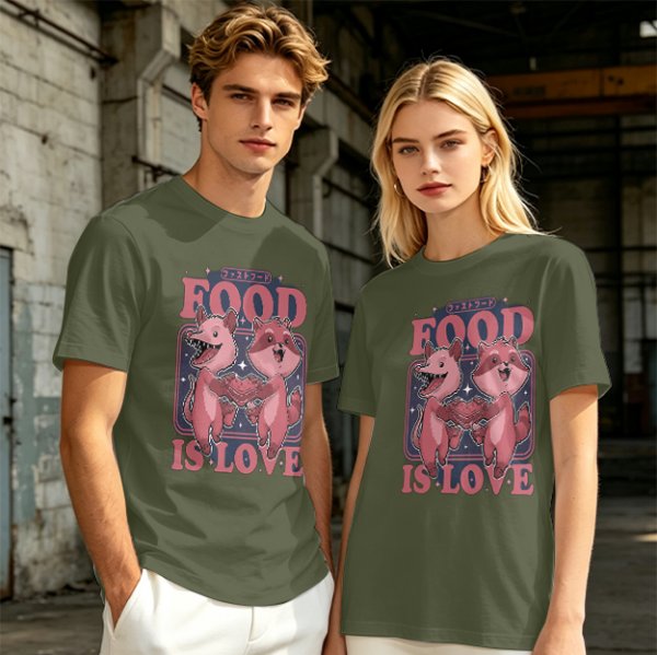 Olive graphic t-shirt with food is love and cartoon animal design