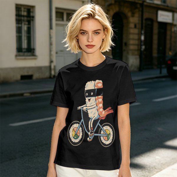 Olive T-Shirt With Sushi Ninja Riding Bicycle Print