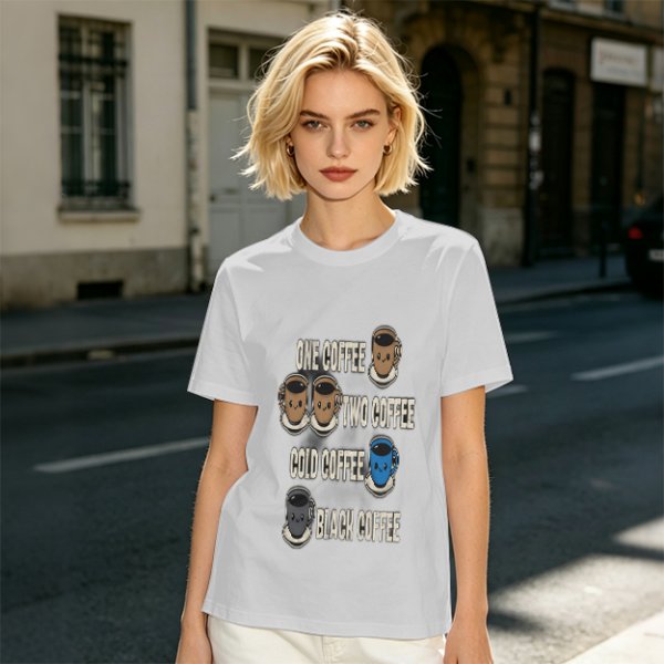 Olive green graphic tee with coffee cup illustrations and playful coffee text