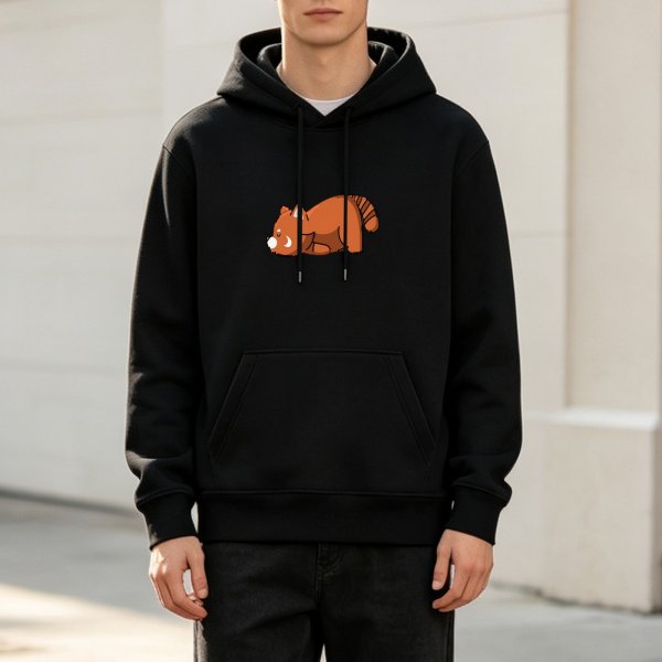 Black Hoodie With Cute Sleeping Red Panda Graphic