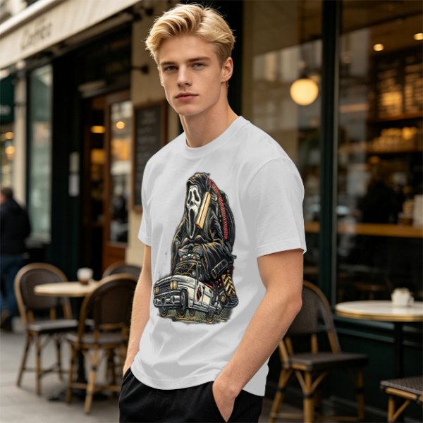 Olive T-shirt with Ghostface driving a Ghostbusters-style car graphic