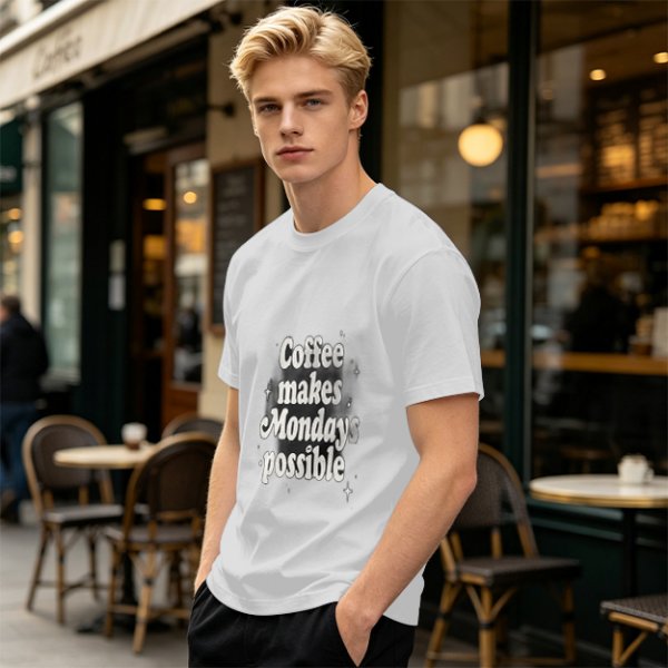 Olive green t-shirt with 'Coffee makes Mondays possible' print