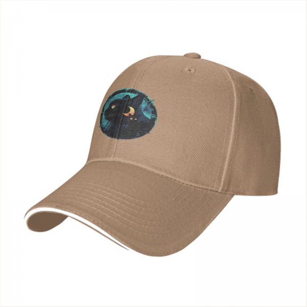 Black Baseball Cap With Mystical Black Cat And Crescent Moon Art