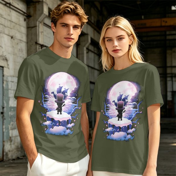 Olive T-Shirt With Moonlit Pirate Ship And Silhouette Figure Print