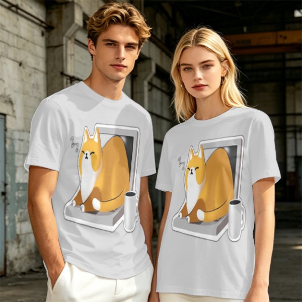 Olive T-Shirt with a Sleeping Cat on a Laptop Print