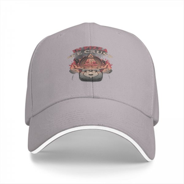Black baseball cap with 'In Pizza We Crust' graphic print