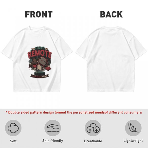 Olive t-shirt with cat graphic and 'You Found The Remote' movie text